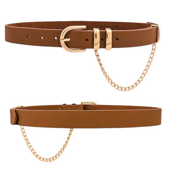 Revolve Lovestrength Lennox Belt Sz.S Brown Real Leather Gold Buckle Chaindrop - Picture 1 of 8